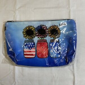 The Pouch Cosmetic Bag Womens OS Blue NWT Patriotic Sunflower Mason Jar Zip